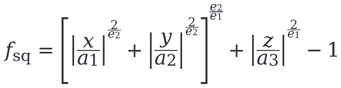f_sq = [ |x/a1|^(2/e2) + |y/a2|^(2/e2) ]^(e2/e1) + |z/a3|^(2/e1) − 1